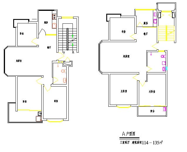 135平方米某城镇小区三室两厅住户建筑设计cad图