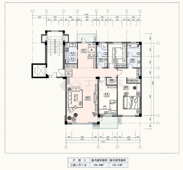 146.9平方米三室两厅二卫建筑设计cad图-图一