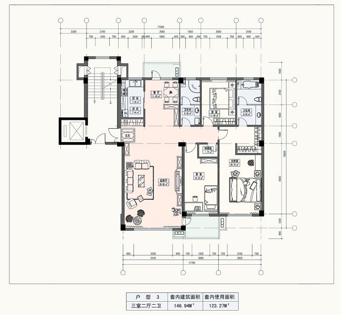 146.9平方米三室两厅二卫建筑设计cad图_图1