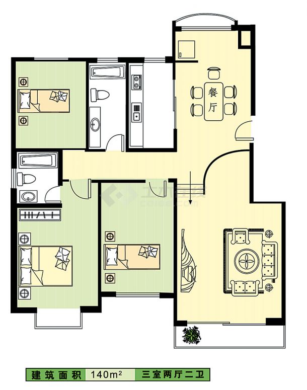 某小区三室两厅二卫建筑设计cad图，共140平方米-图一