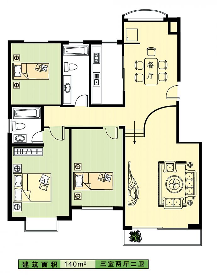 某小区三室两厅二卫建筑设计cad图，共140平方米_图1