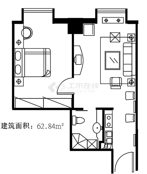 62.84平方米现代风格小区建筑设计cad图-图一