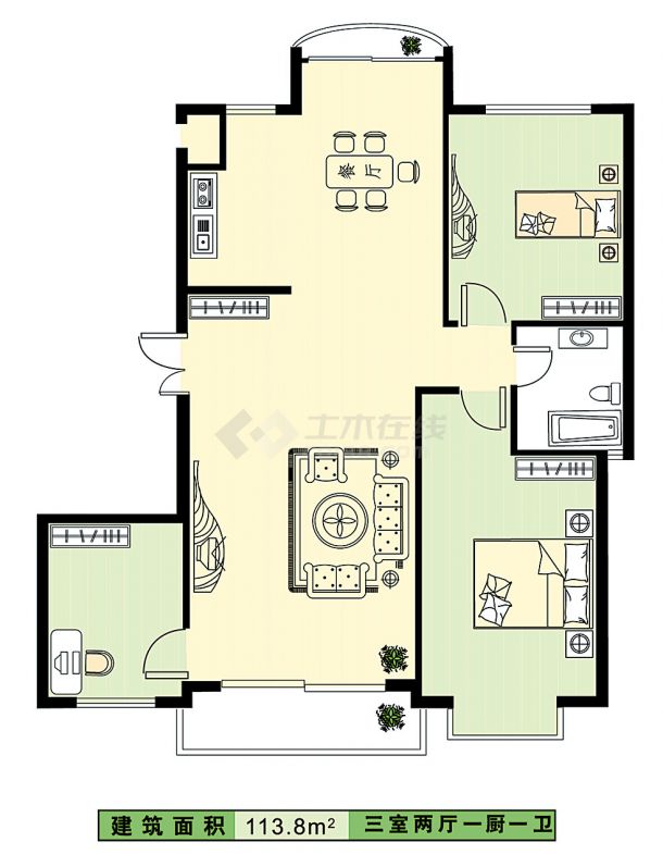 113.8平方米三室两厅一厨一卫小区建筑设计cad图-图一