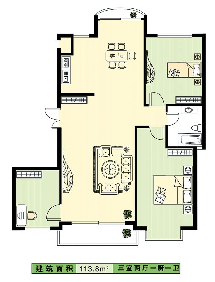 113.8平方米三室两厅一厨一卫小区建筑设计cad图_图1