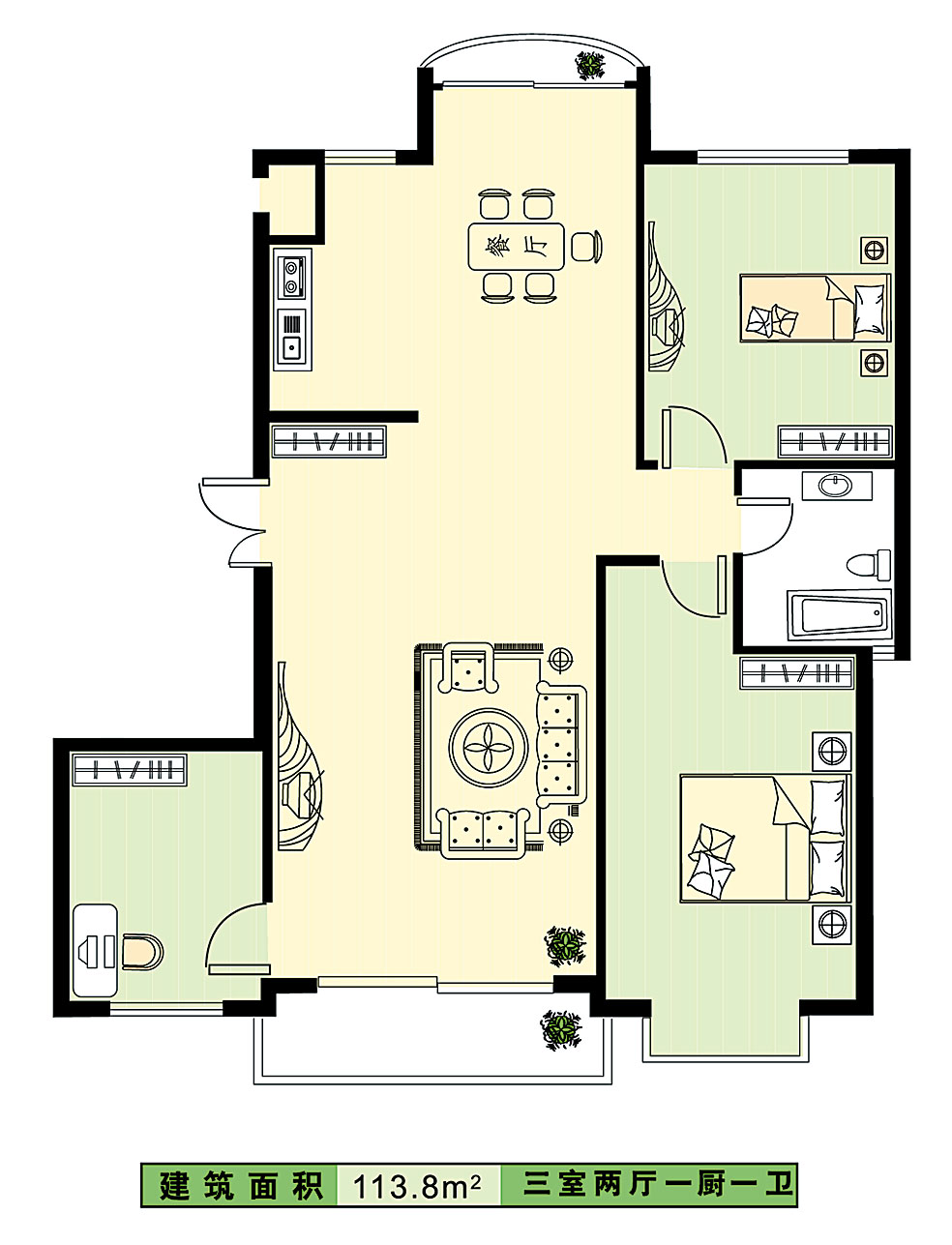 113.8平方米三室两厅一厨一卫小区建筑设计cad图