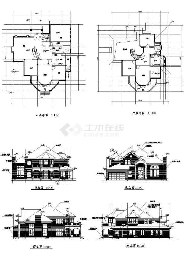 二层别墅方案建筑施工cad图，共六张-图一
