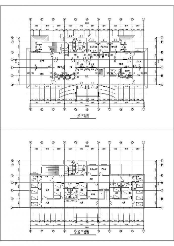 某医院一二层施工设计cad平面图_图1