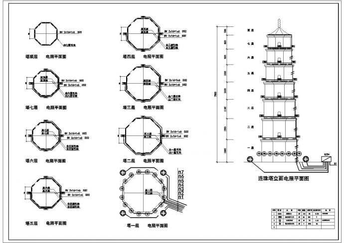 某七层连珠塔立面电气照明设计cad施工平面图（标注详细）_图1