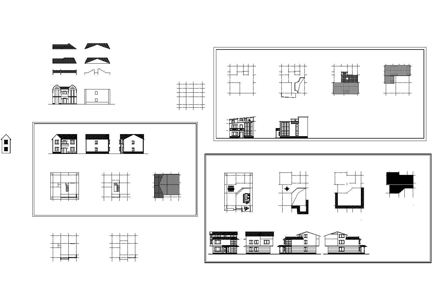 三栋三层北美式风格别墅设计施工设计cad图纸，共4张