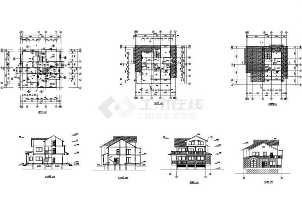 三层木屋型风格小别墅建筑设计cad图纸，共7张-图一