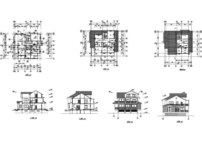 三层木屋型风格小别墅建筑设计cad图纸，共7张_图1