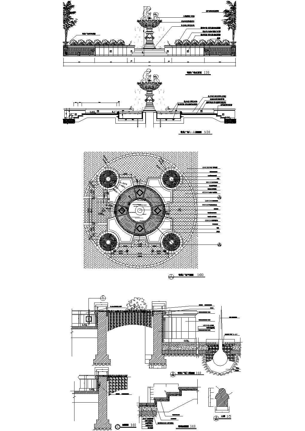某城市园林景观喷泉广场（方形14720*14720）设计cad全套施工图（标注详细）