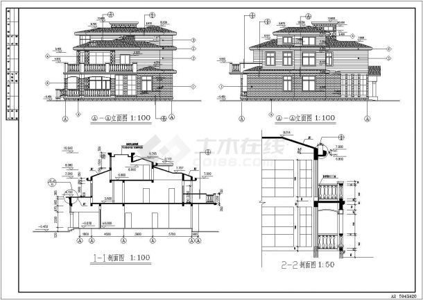 某地三层小型别墅建筑设计施工CAD图纸-图二