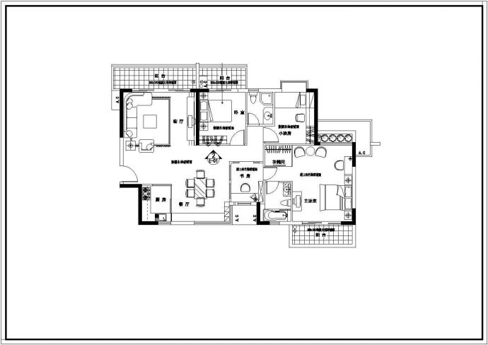 香蜜园三室样板房室内装饰工程的cad平面施工图纸_图1
