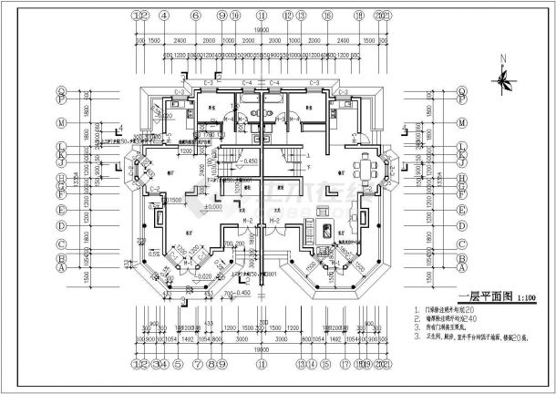 某地中心花园二层框架结构别墅建筑CAD设计施工图-图一