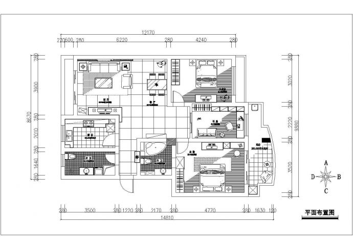 三室两厅两卫住宅室内装修的完整cad施工图_图1