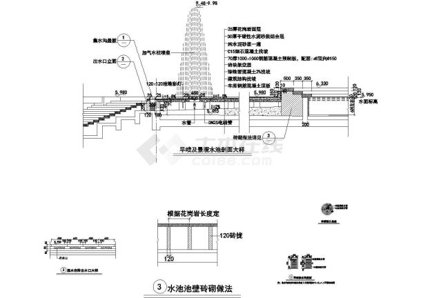 旱喷及景观水池平立剖面CAD布置图-图一