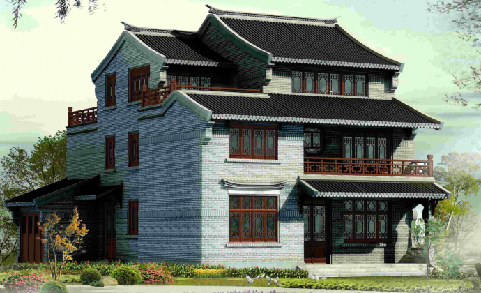 三层江南风格独栋别墅建筑方案图（含效果）_图1