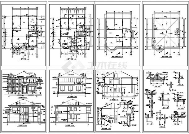 二层带阁楼层欧式风格别墅建筑图纸，共八张图纸-图一