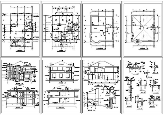 二层带阁楼层欧式风格别墅建筑图纸，共八张图纸_图1