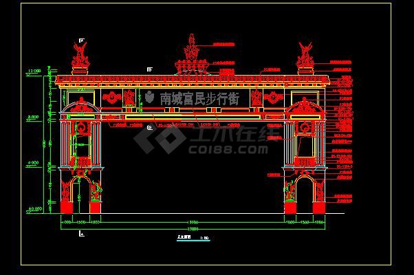 某地东莞南城步行街门楼建筑cad图纸-图二