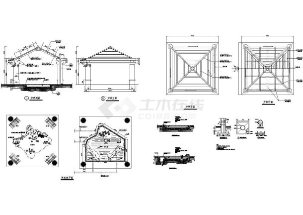 带鱼池四角亭施工大样图cad详图-图一