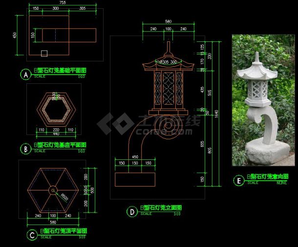 中式石灯笼园林景观设计cad施工图（共3张）-图二