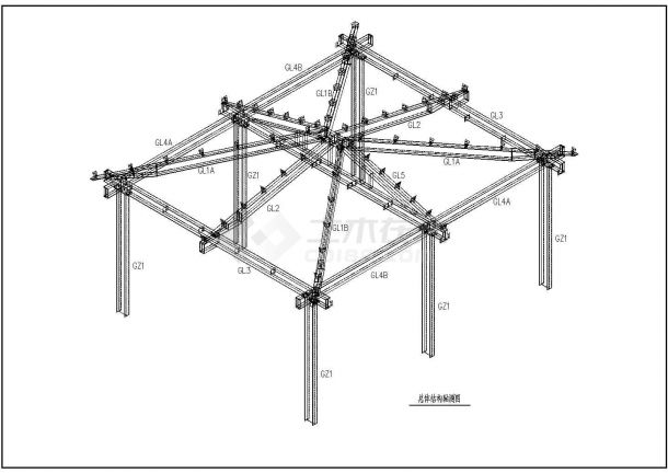 某单层钢结构休息亭三维模型及加工图-图二
