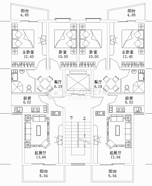 多层小高层166平米两房两厅一卫含电梯住宅楼建筑户型图-图一