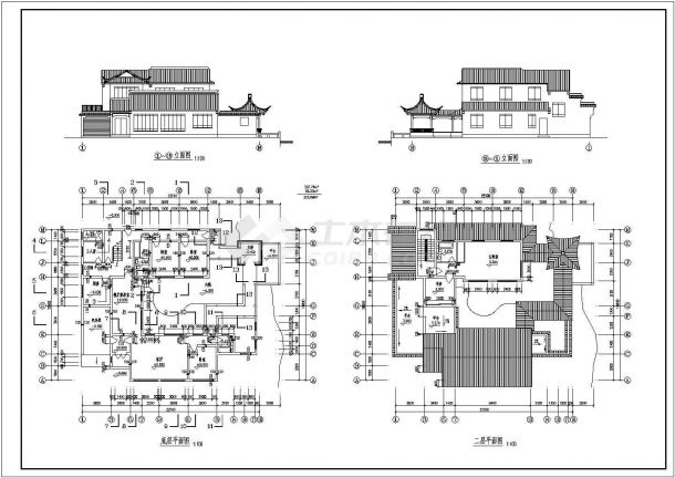 某二层古建筑别墅建筑CAD设计图纸-图一