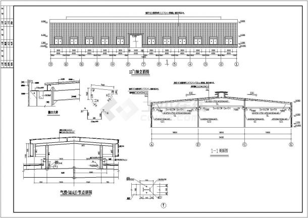 某三连跨钢结构厂房5T吊车建筑结构施工图-图二