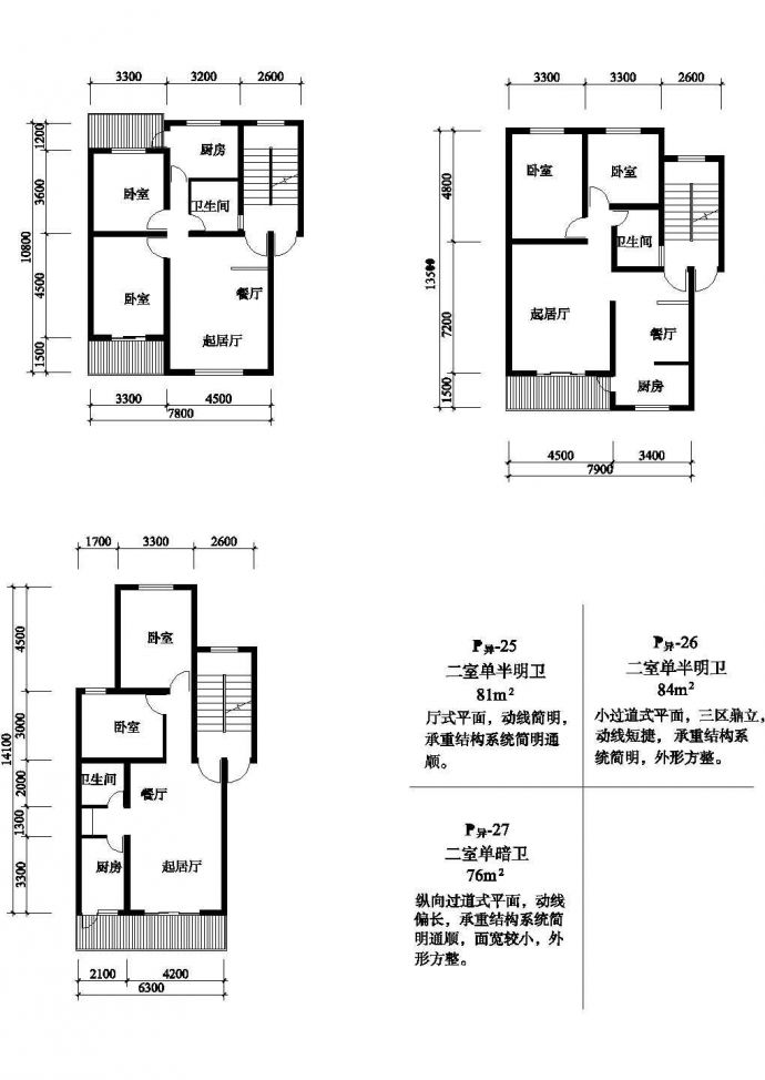 二室81/76/84平方单元式住宅平面图纸_图1
