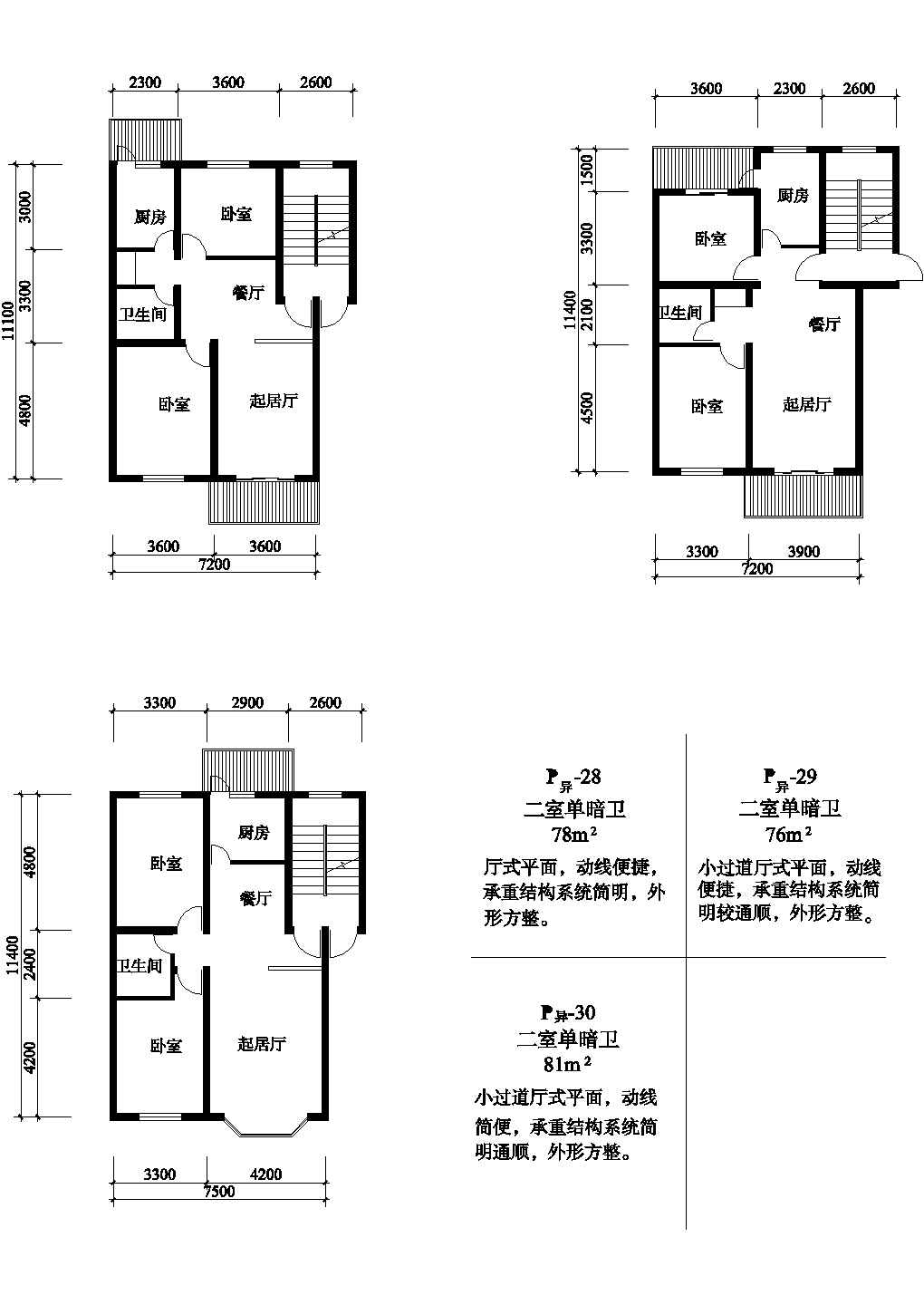 二室81/76/76平方单元式住宅平面图纸