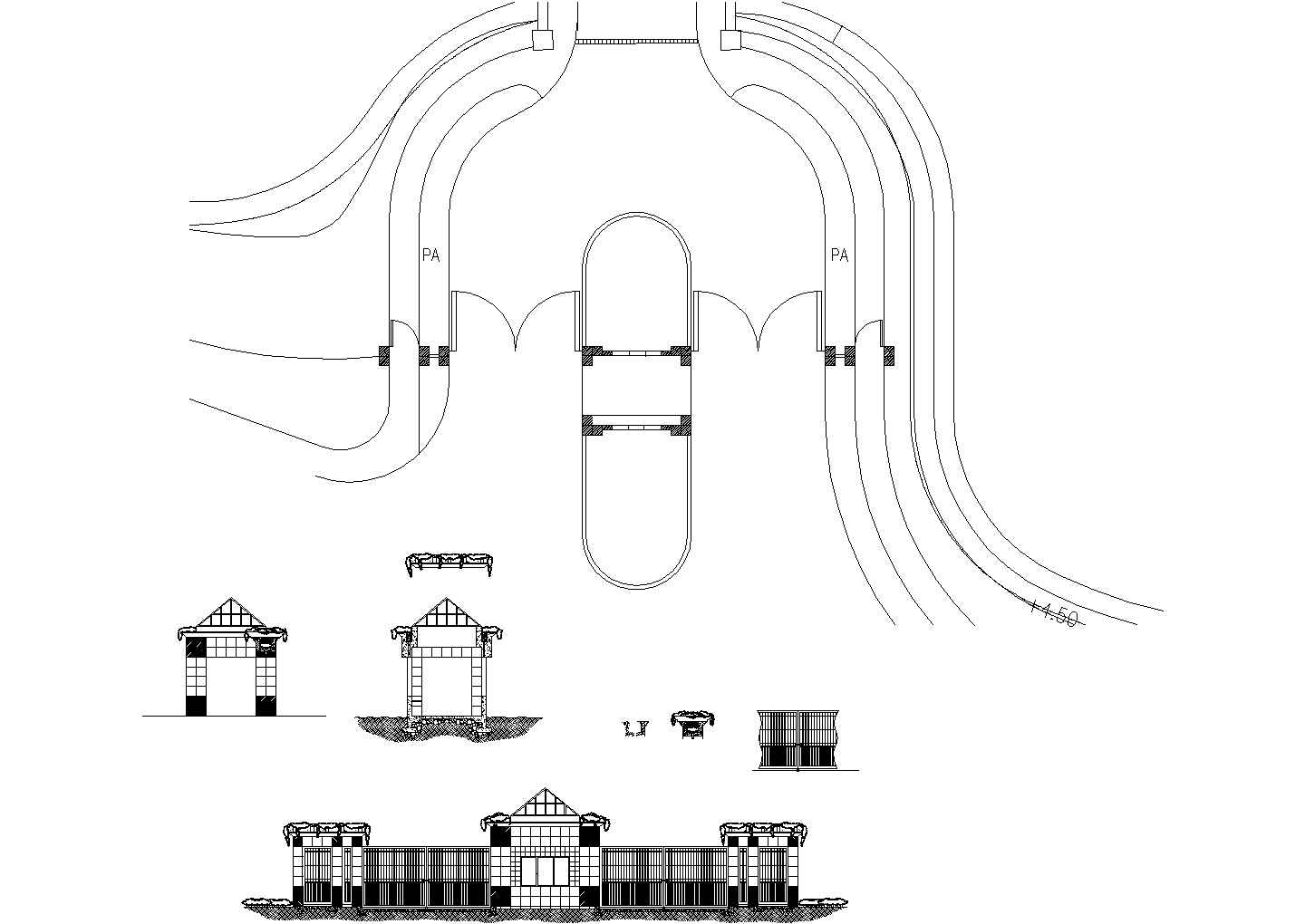 精选46套景观大门入口CAD施工图（公园大门，居住区大门，T形舞台）