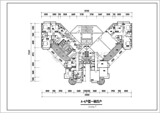 某小区多层住宅楼一梯四户户型图纸-图二