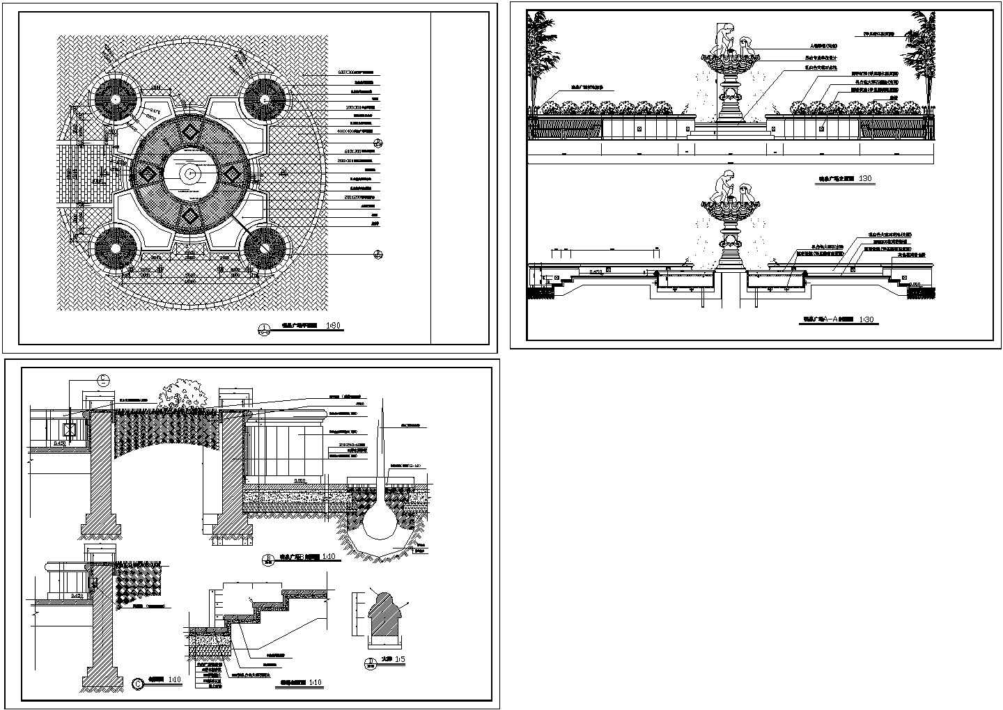 某带有兰色广场砖的喷泉广场建筑设计施工图