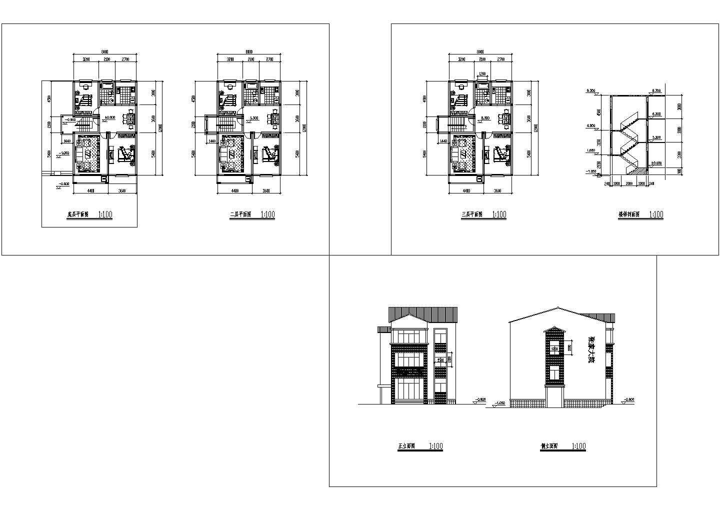 3层：长12米 宽8米 农村私家别墅建筑方案设计图【各层平面 2立面 1楼梯剖面】