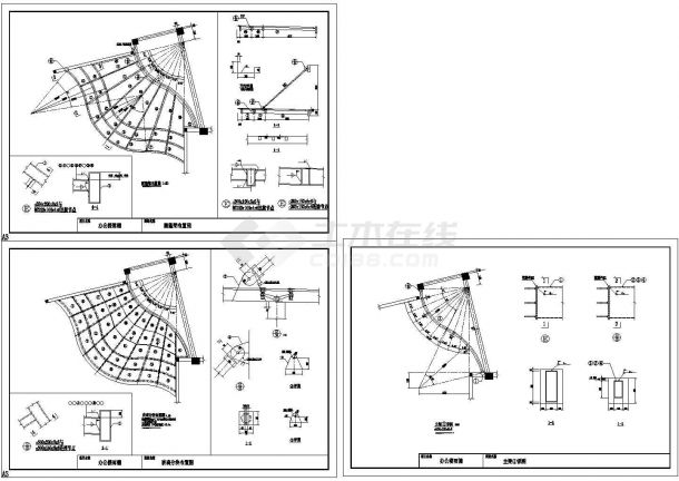 某办公楼弧形钢结构玻璃雨篷CAD施工图（标注详细）-图一