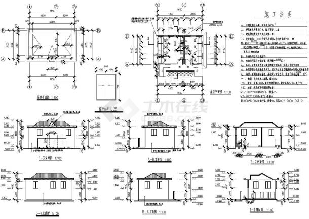 长8.1米 宽5.1米 1层45平米小型公厕（首层平面 屋顶平面 四个立面 二个剖面 施工说明）-图一