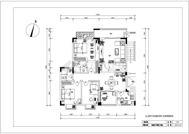 某业主家三室两厅两卫cad平面装修全套施工图-图二