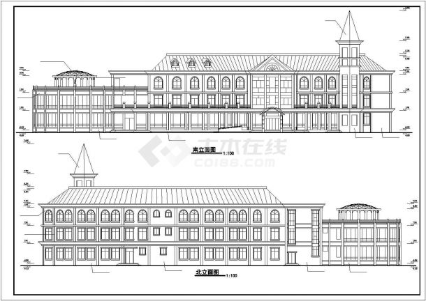 某城市三层小区会所平立面建筑施工图-图一