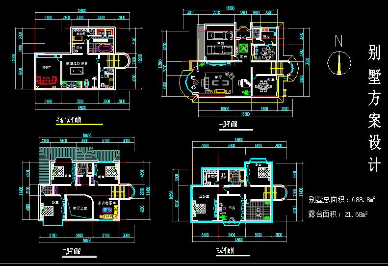 简单的别墅平面方案设计cad图纸（共4张）