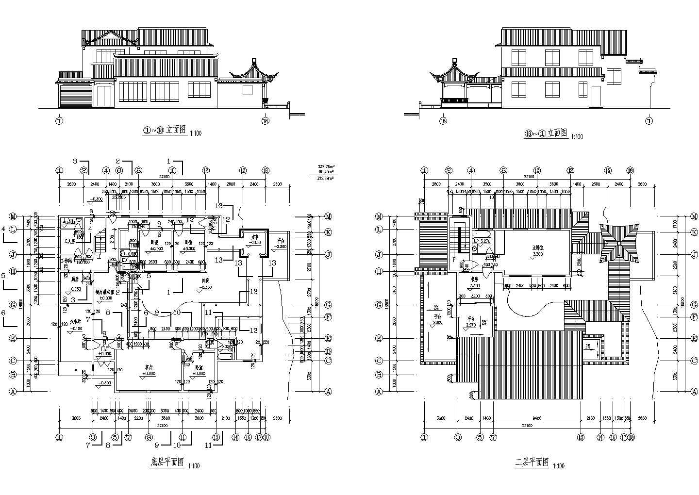 三套仿古别墅建筑设计施工CAD图