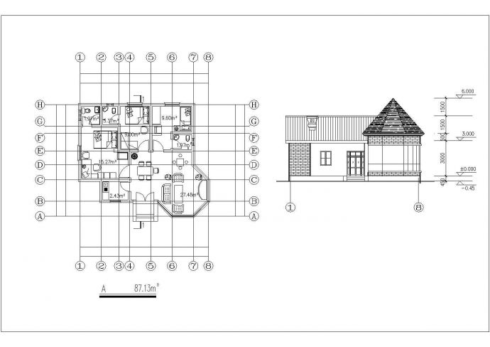 某度假村内别墅建筑施工图纸（标注详细）_图1