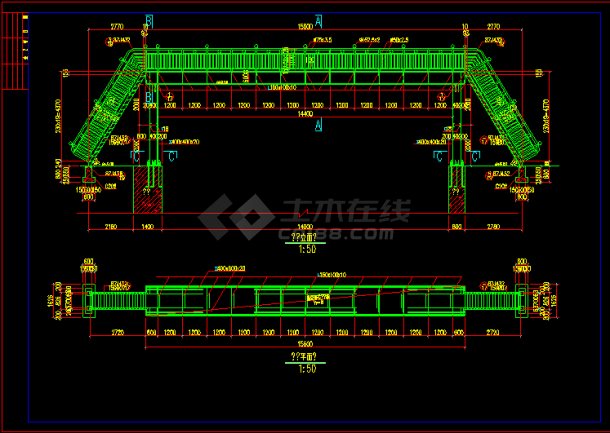 某市15米人行轻钢桥梁结构施工设计CAD图(立面 平面)-图一
