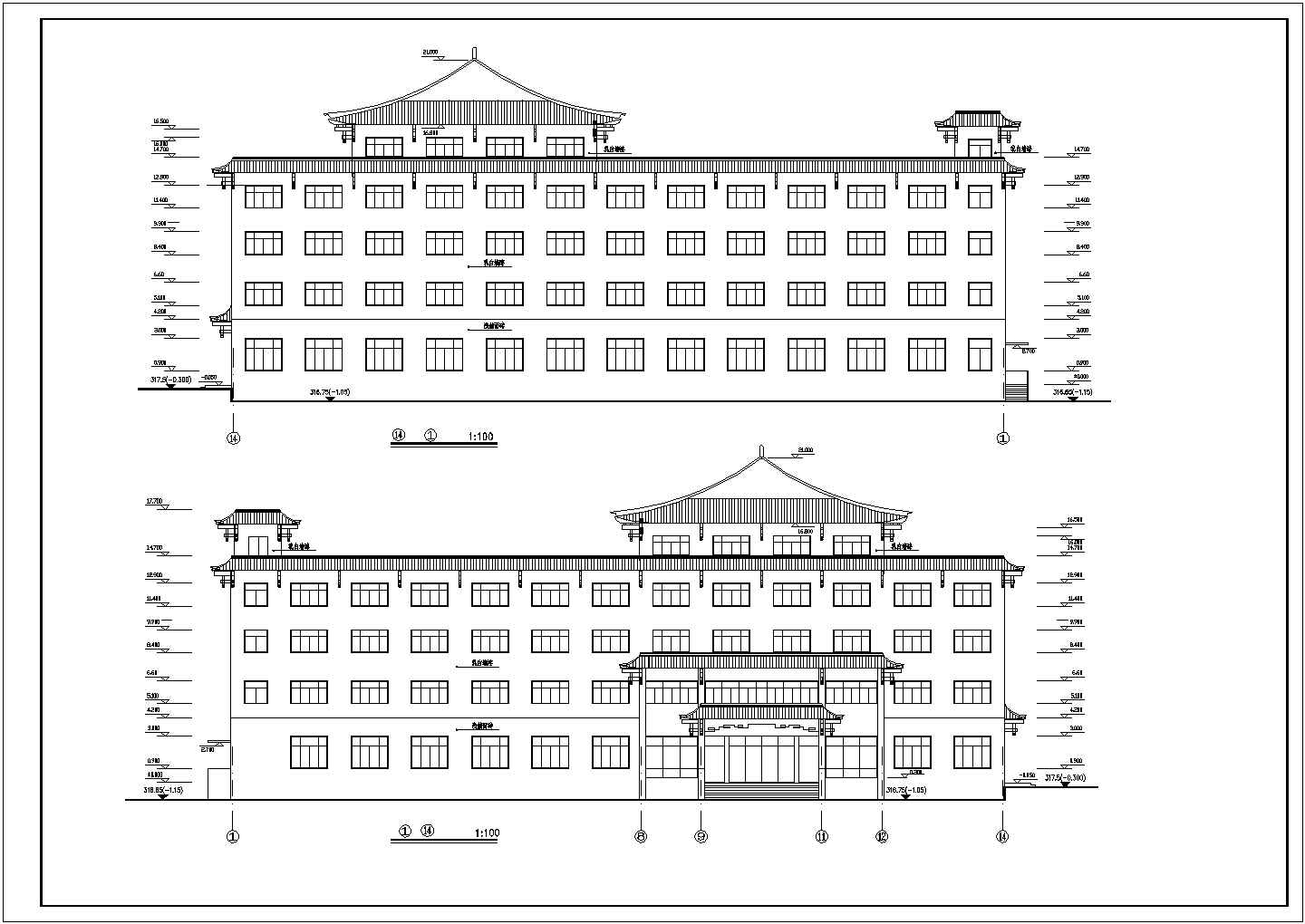 某仿古四层宾馆建筑详细施工CAD图