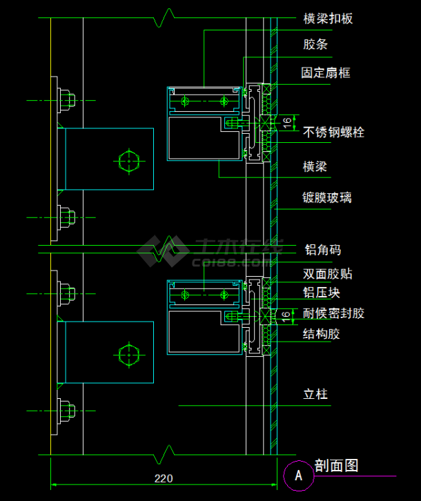 某地某吊挂式玻璃幕墙设计节点cad图纸-图一