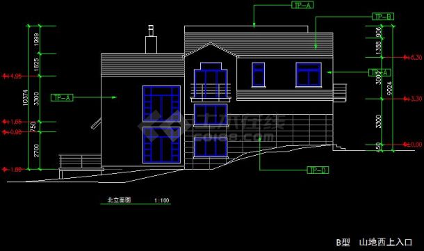 某市山地别墅B型建筑设计方案图（共8张）-图二