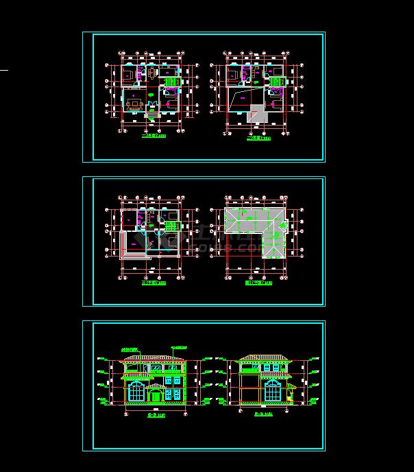 三层坡屋顶别墅cad图，建筑平、立、剖面图-图一