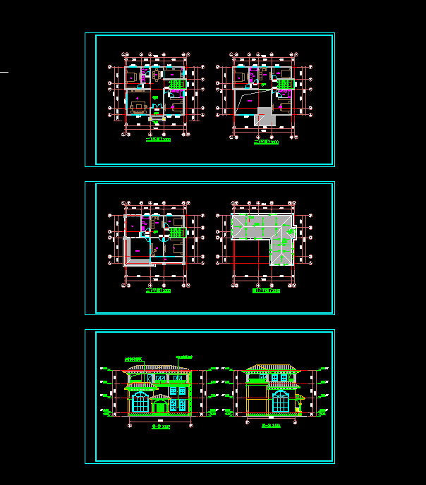 三层坡屋顶别墅cad图，建筑平、立、剖面图